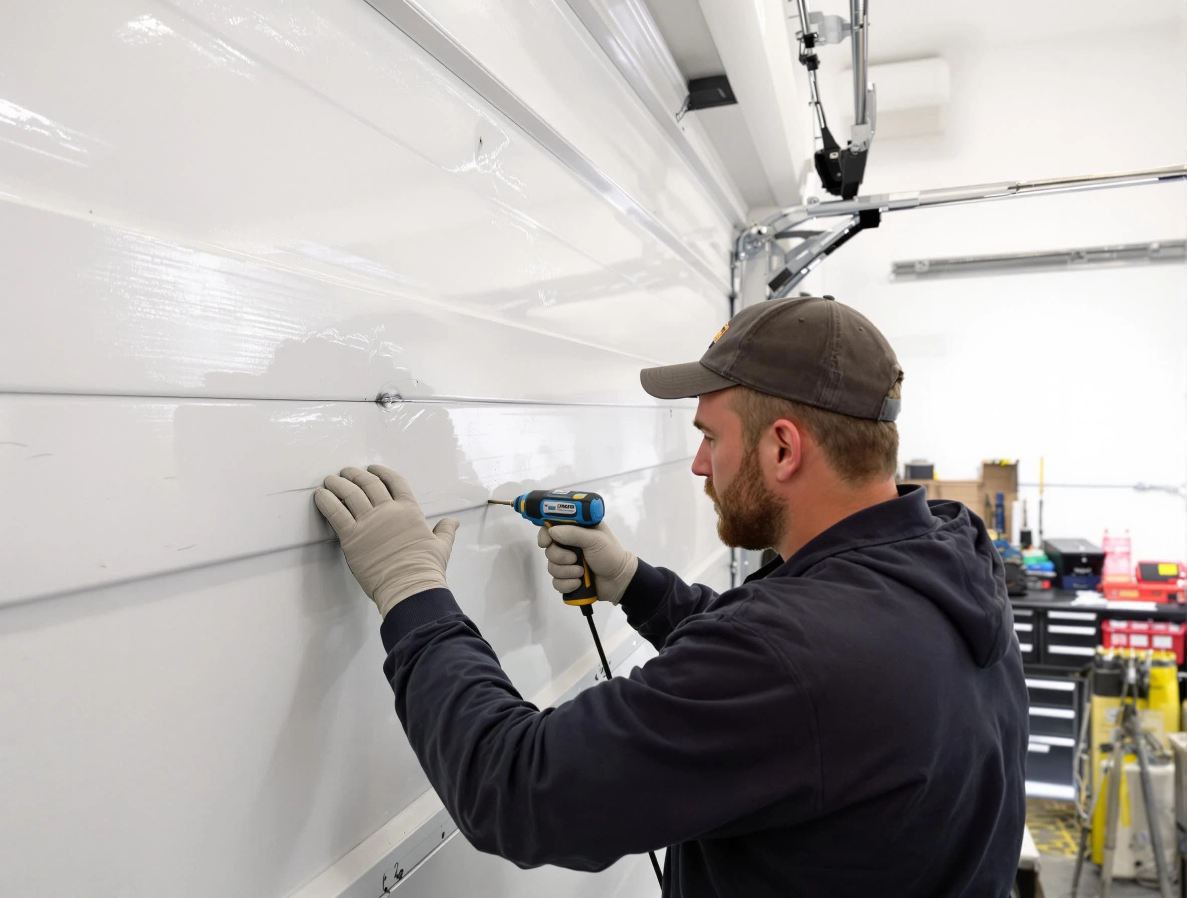 Sun Lakes Garage Door Repair technician demonstrating precision dent removal techniques on a Sun Lakes garage door